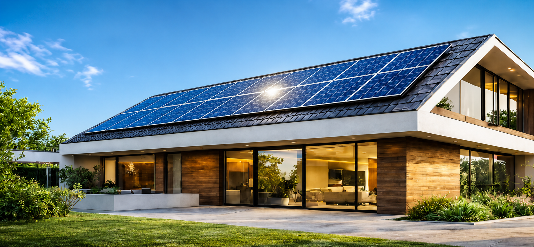 Casa moderna com painéis solares fotovoltaicos no telhado, céu azul claro