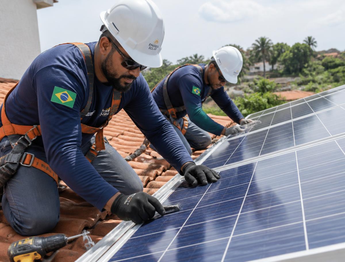 Profissionais instalando painéis solares no telhado de um imóvel