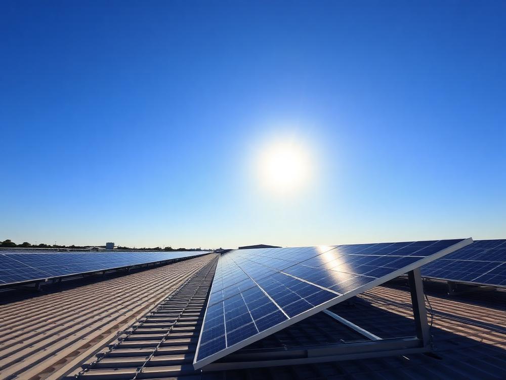 Painéis solares alinhados sobre telhado metálico com sol ao fundo