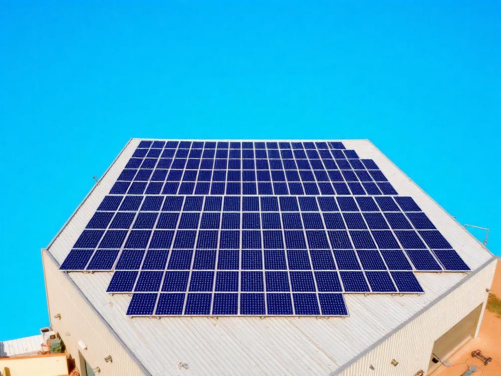 Sistema fotovoltaico instalado no telhado metálico de um galpão empresarial