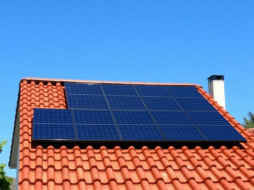 Painéis solares instalados no telhado de telhas cerâmicas de uma casa