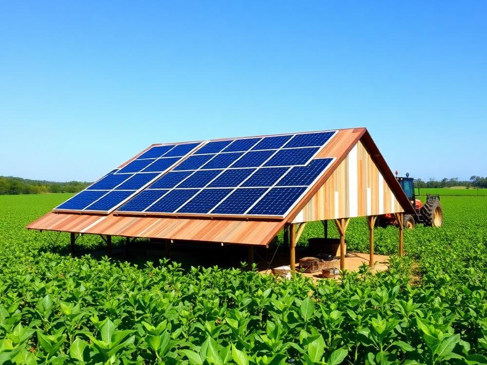 Painéis solares em um galpão de propriedade rural cercado por lavoura